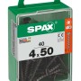 Viti SPAX nere 4x50 mm in contenitore di plastica verde, tecnologia di fissaggio.