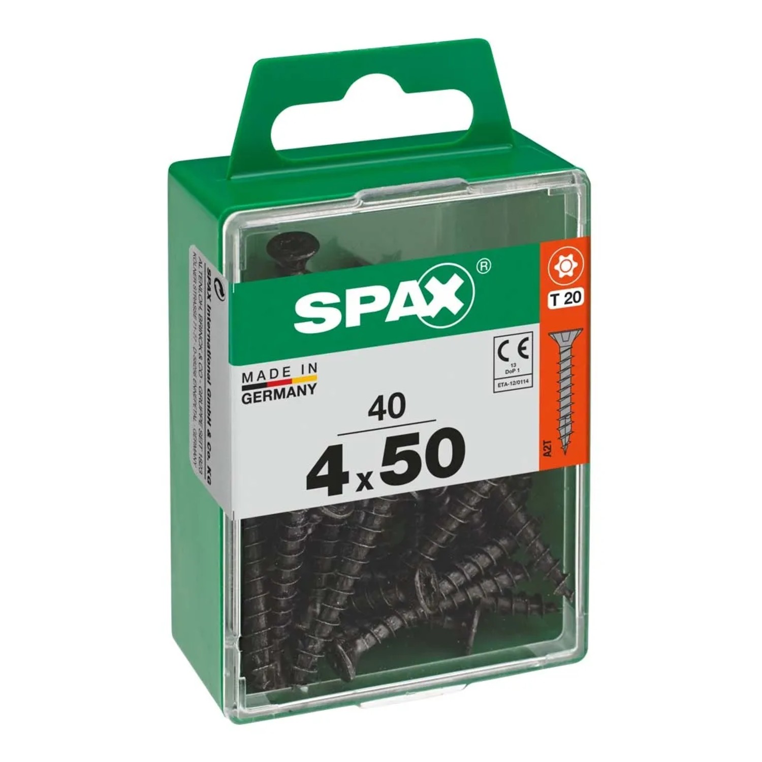 Viti SPAX nere 4x50 mm in contenitore di plastica verde, tecnologia di fissaggio.