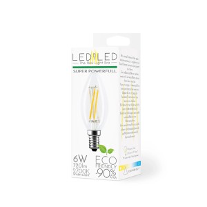 Lampadina LED E14 in confezione: forma a candela, 6W, bianco caldo. Lampadina LED a risparmio energetico per illuminazione d'atmosfera.