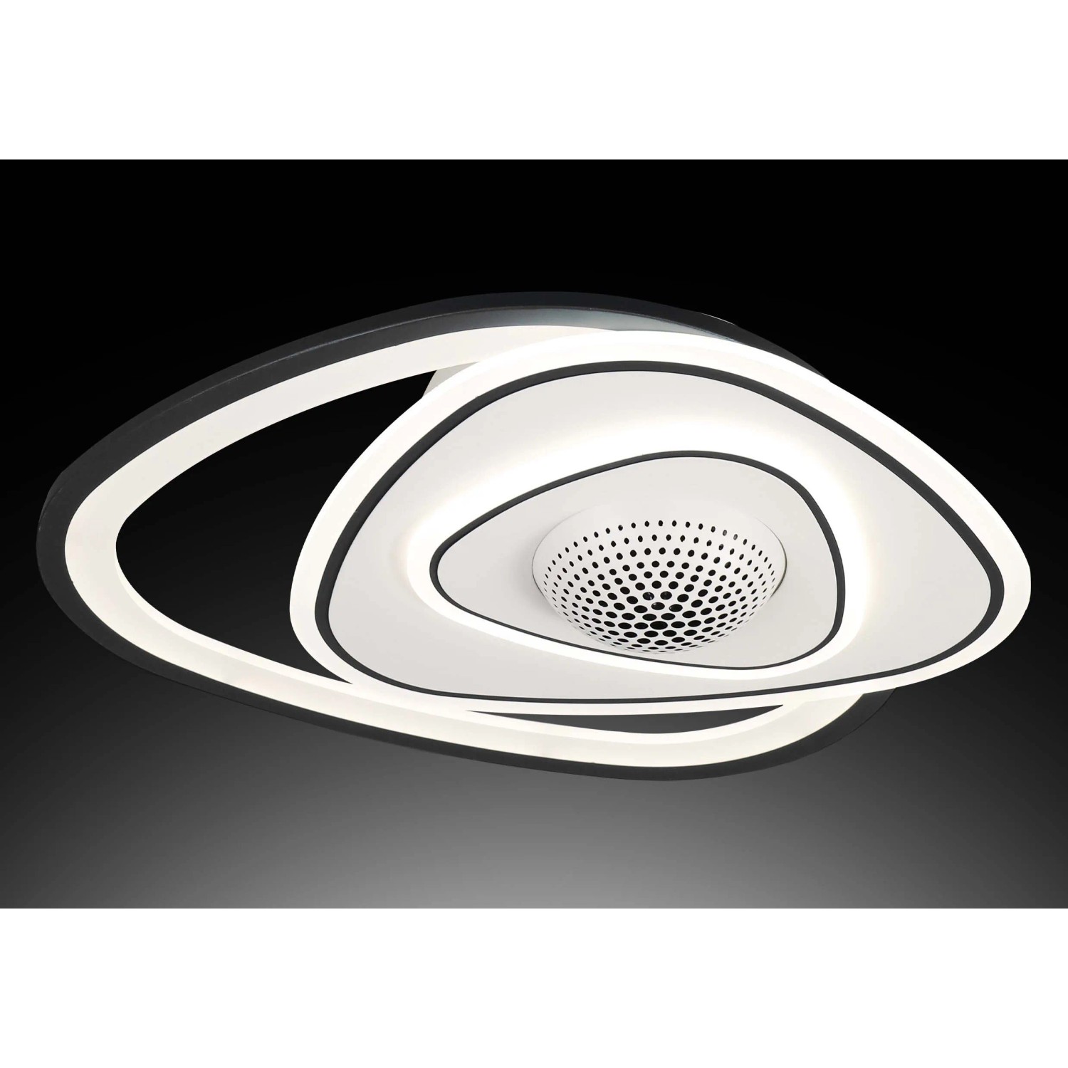 Plafoniera LED moderna con design curvo in bianco e nero.