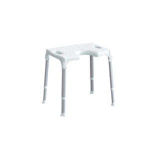 Sgabello da doccia bianco con gambe regolabili, un pratico accessorio per la doccia.