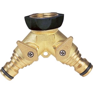 Raccordo a Y in ottone per irrigazione con valvole di intercettazione.