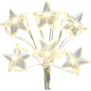 Catena luminosa LED a forma di stella, 20 LED bianco caldo, cavo argentato, decorazione natalizia.