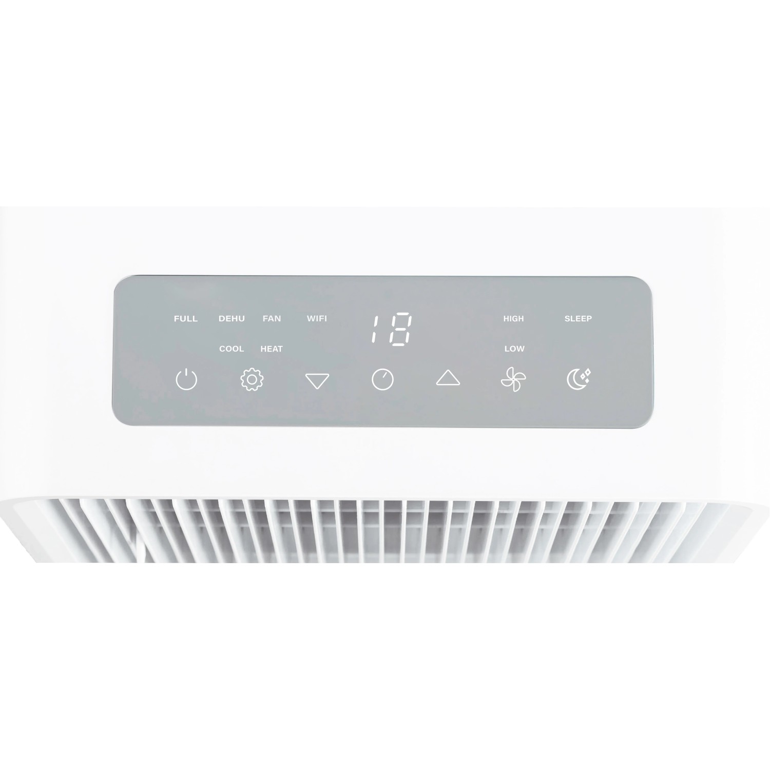 Primo piano: Pannello di controllo del condizionatore portatile KGM 12000-58 con touch screen e display digitale.