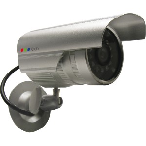 Telecamera di sorveglianza argentata per interni ed esterni.