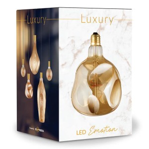 Confezione di una lampadina LED E27 t.b.t. con forma decorativa e tonalità dorata.