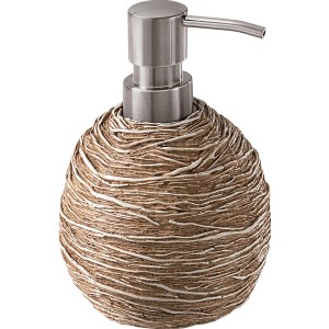 Dispenser sapone t.b.t. con motivo marrone e bianco e testina a pompa argentata.