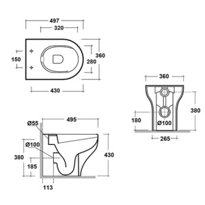 Disegno tecnico: WC a parete t.b.t. con dimensioni.