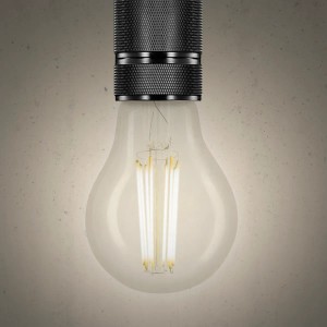 Lampadina LED E27 con vetro trasparente e attacco nero.