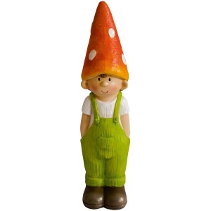 Statuetta decorativa da giardino, ragazzo in piedi, 38 cm, con cappello a forma di fungo.