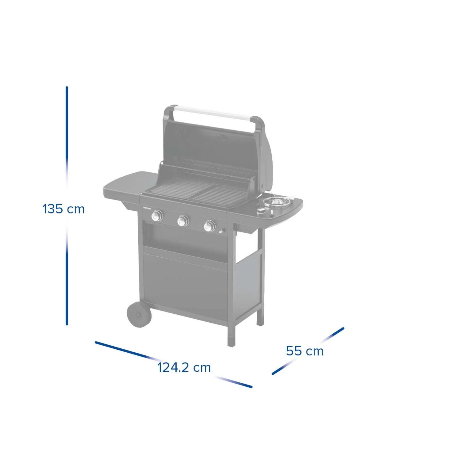 Barbecue a gas t.b.t. con dimensioni per uso esterno.