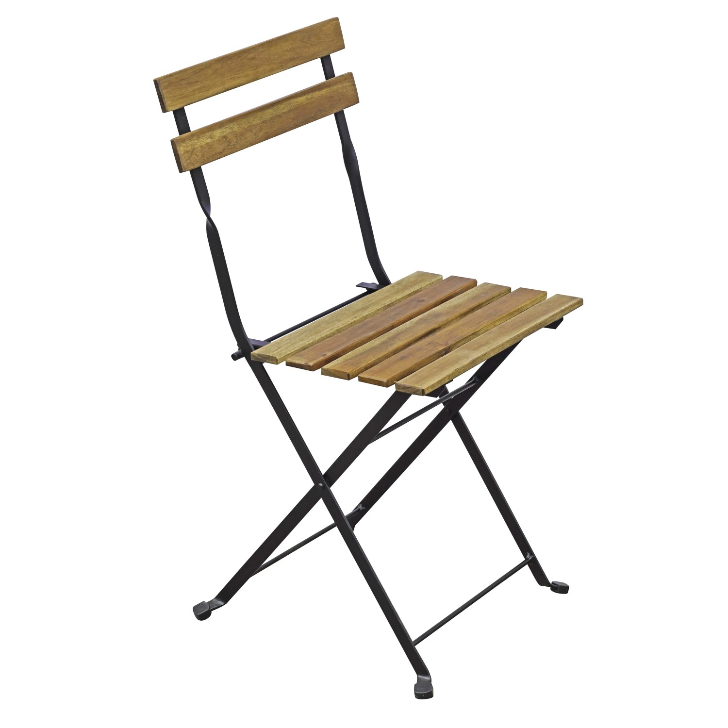 Sedia pieghevole da balcone con listelli in legno marrone e struttura in metallo nero.