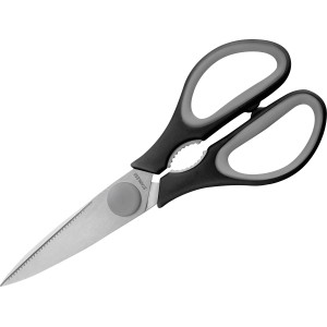 Forbici da cucina con manico grigio e nero e lama in acciaio inox seghettata.