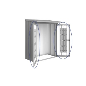Pacchetto porta Biohort per WoodStock 150, argento metallizzato, con serratura a cilindro con maniglia girevole e sistema di organizzazione.