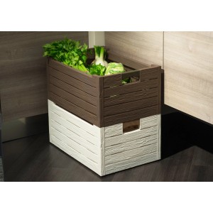 Due Contenitori t.b.t., uno marrone con verdure, uno bianco, impilati.