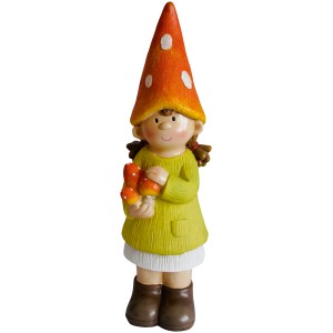 Statuetta decorativa da ragazza in piedi, 38 cm, con funghi. Decorazione da giardino per balcone e terrazza.