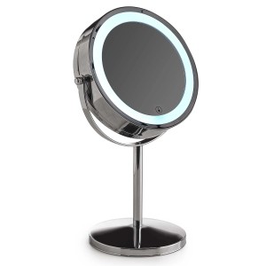 Specchio da trucco rotondo illuminato con finitura cromata.