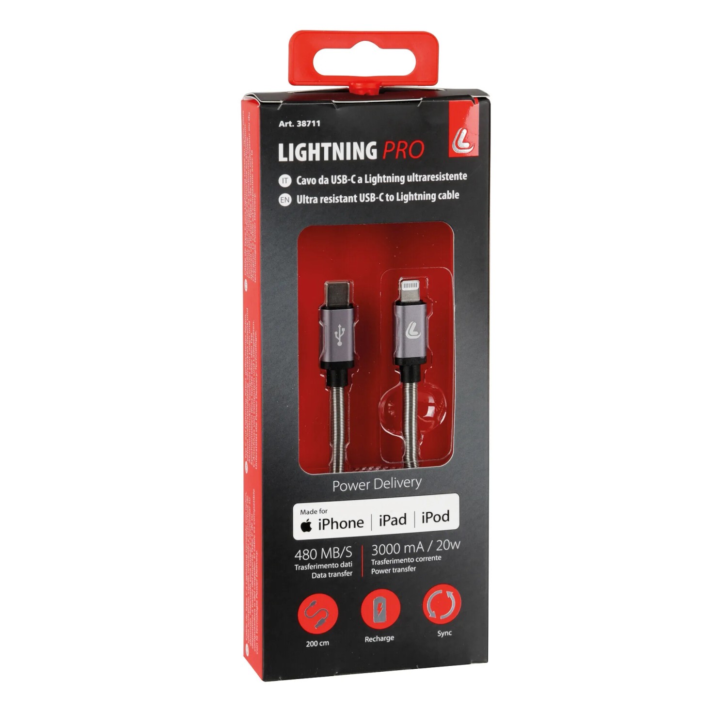 Cavo Lightning Pro da USB-C a Lightning nella confezione per iPhone, iPad e iPod.