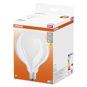 Confezione di una lampadina Osram LED E27 a globo, 6,5W, 806 lumen, bianco caldo, non dimmerabile.