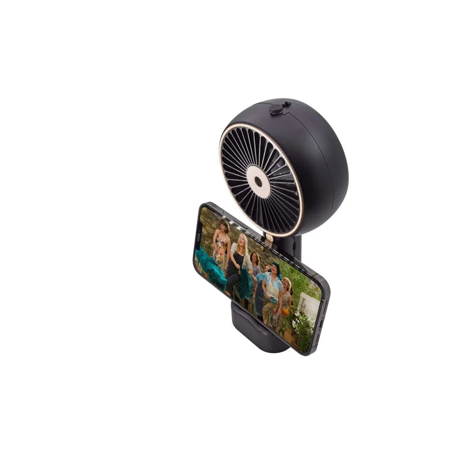 Ventilatore t.b.t. nero con supporto per smartphone.