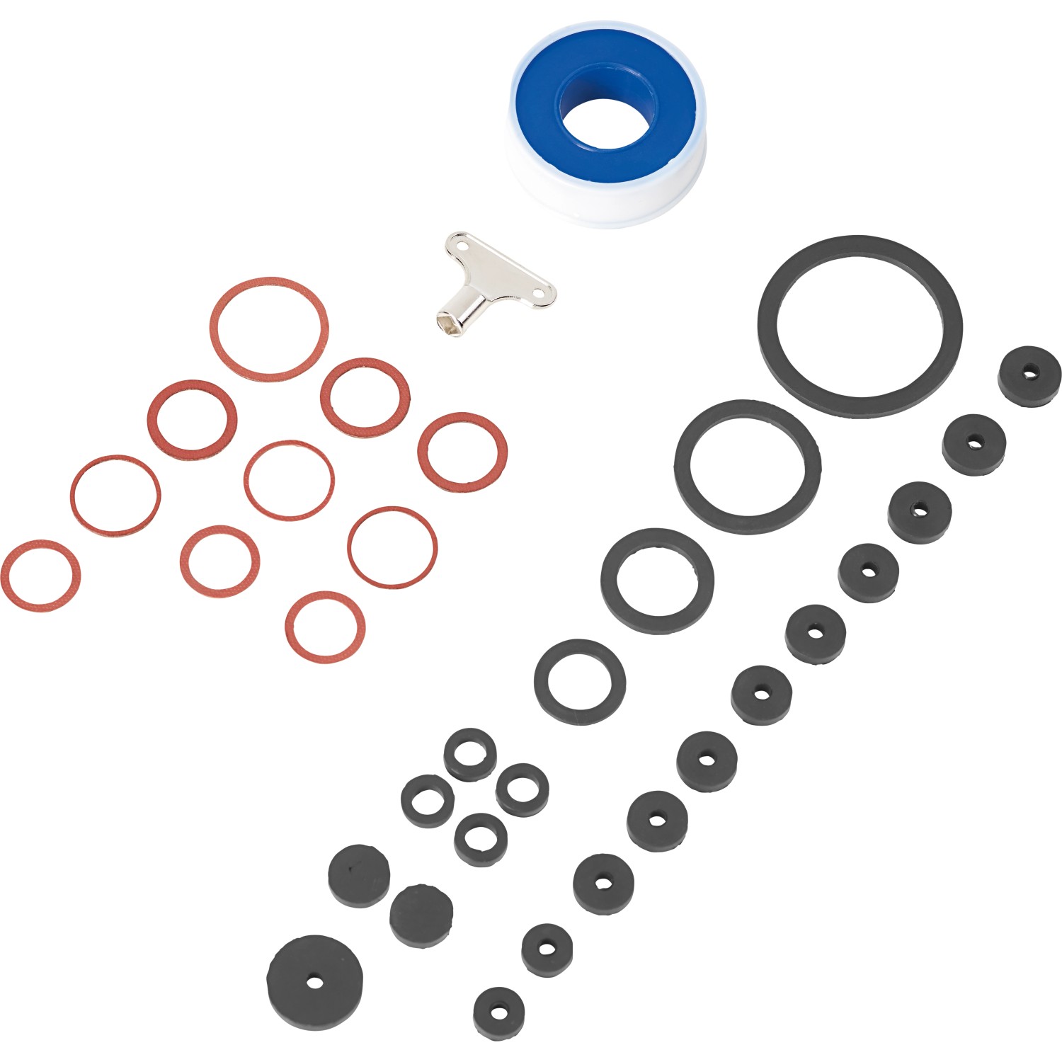 Set guarnizioni per cucina e bagno da 34 pezzi con guarnizioni rosse e nere, nastro in teflon e chiave inglese.