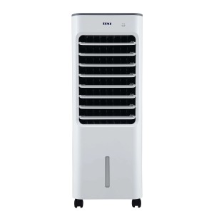 Ventilatore a torre t.b.t. bianco con lamelle e ruote.