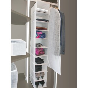 Organizzatore appendibile bianco per scarpe e tessuti con 10 scomparti nell'armadio.