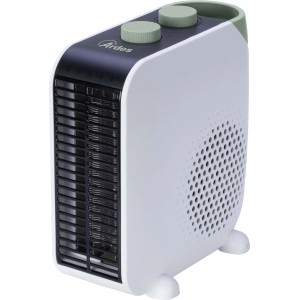 Termoventilatore elettrico t.b.t. bianco compatto con comandi verdi. Ideale per piccoli spazi.