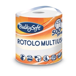 Rotolo di carta multiuso BulkySoft con 500 strappi per cucina e casa.
