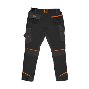 Pantaloni da lavoro grigi con tasche e dettagli arancioni.
