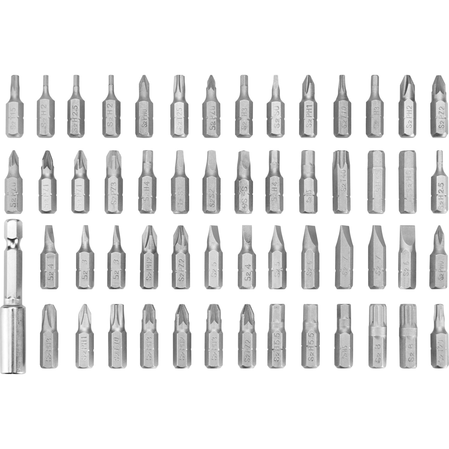 Set di 56 inserti per avvitatore a batteria OBI 3,6 V, varie dimensioni e forme.