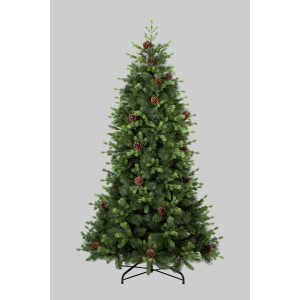 Albero di Natale artificiale verde, stretto e decorato con pigne marroni.