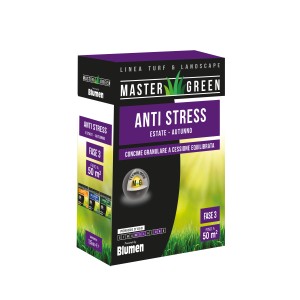 Confezione di concime per prato Master Green Anti Stress, adatto per 50 m² di prato.