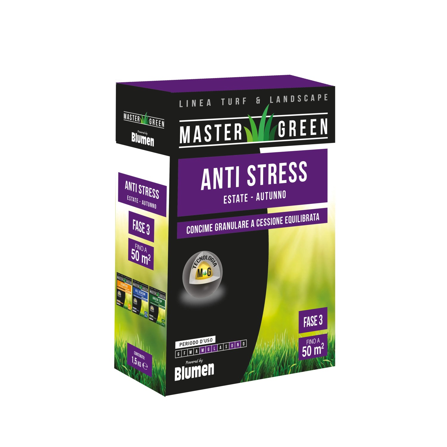Confezione di concime per prato Master Green Anti Stress, adatto per 50 m² di prato.