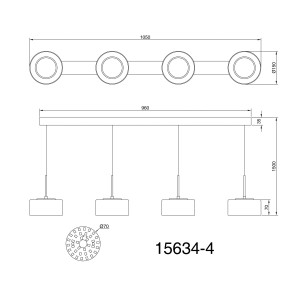 Disegno tecnico della lampada a sospensione t.b.t. Sospensioni con dimensioni.