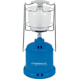 Lampada Campingaz Camping 206 L: Lampada da campeggio blu con protezione in vetro e maniglia.