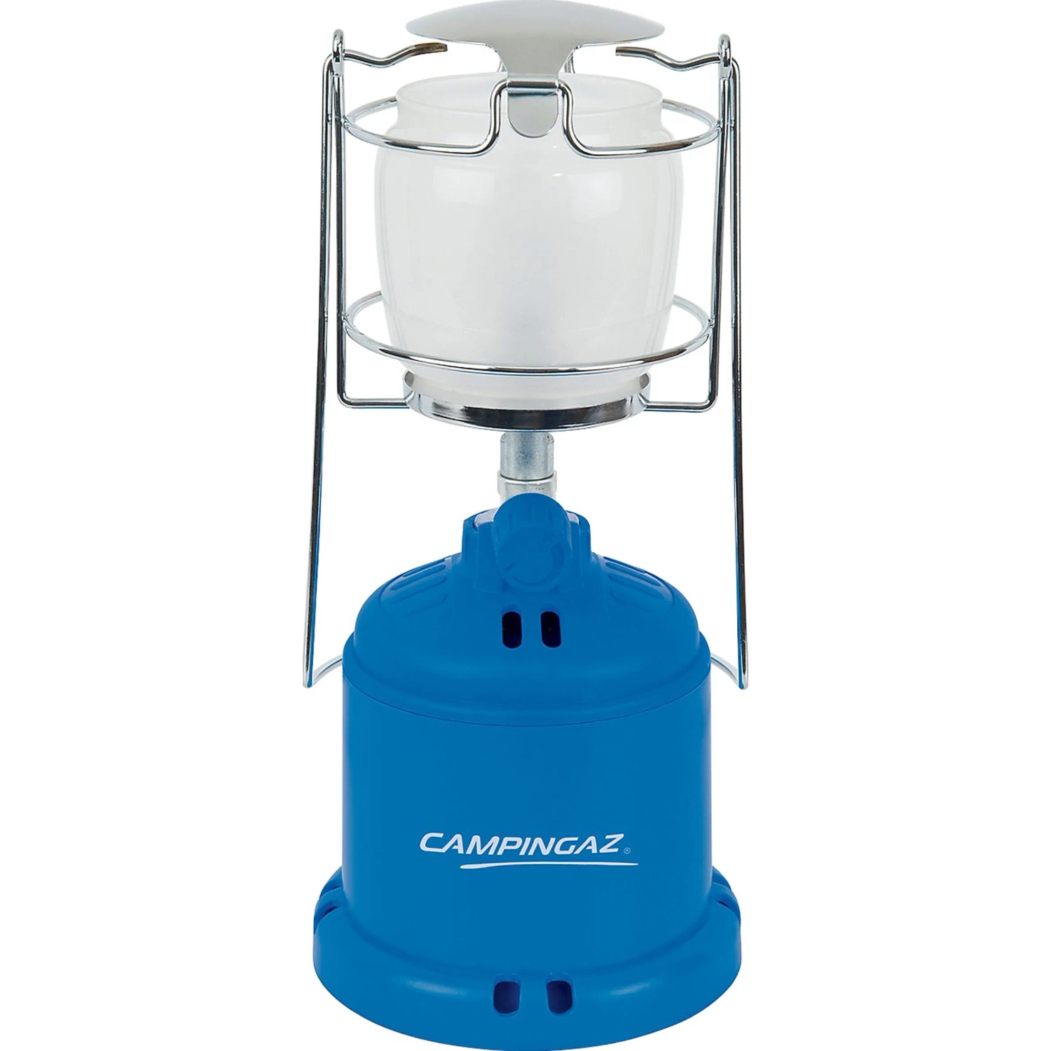 Lampada Campingaz Camping 206 L: Lampada da campeggio blu con protezione in vetro e maniglia.