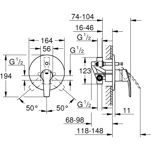 Disegno tecnico: Miscelatore per vasca a incasso Grohe Start, dimensioni e collegamenti per l'installazione.