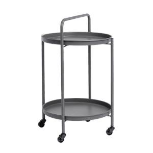 Carrello di servizio grigio AUSTIN con due vassoi e ruote. Tavolino pratico per giardino e balcone.