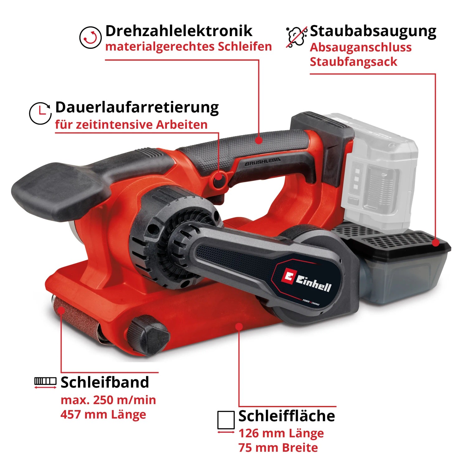 Levigatrice a nastro a batteria Einhell TP-BS 18/457 Li BL Solo con scatola raccoglipolvere e nastri abrasivi.