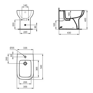 Disegno tecnico del bidet t.b.t. con dimensioni per installazione e progettazione.