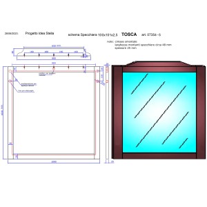 Disegno tecnico dello specchio t.b.t. con dimensioni.
