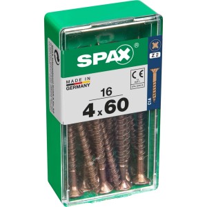 Viti per legno SPAX 4x60, 16 pezzi in contenitore di plastica verde.