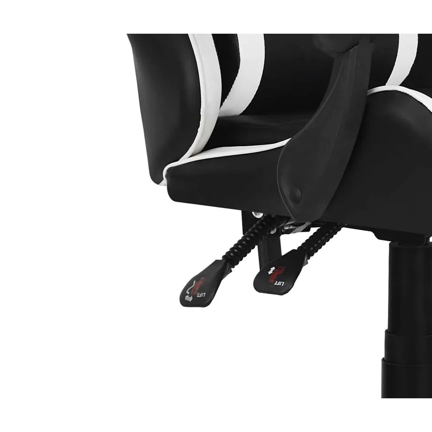 Dettaglio: Sedia da gaming nera con dettagli bianchi e meccanismi di regolazione.