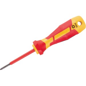 Cacciavite LUX VDE Professional PH0, rosso/giallo, per viti a croce, con foro per appendere.