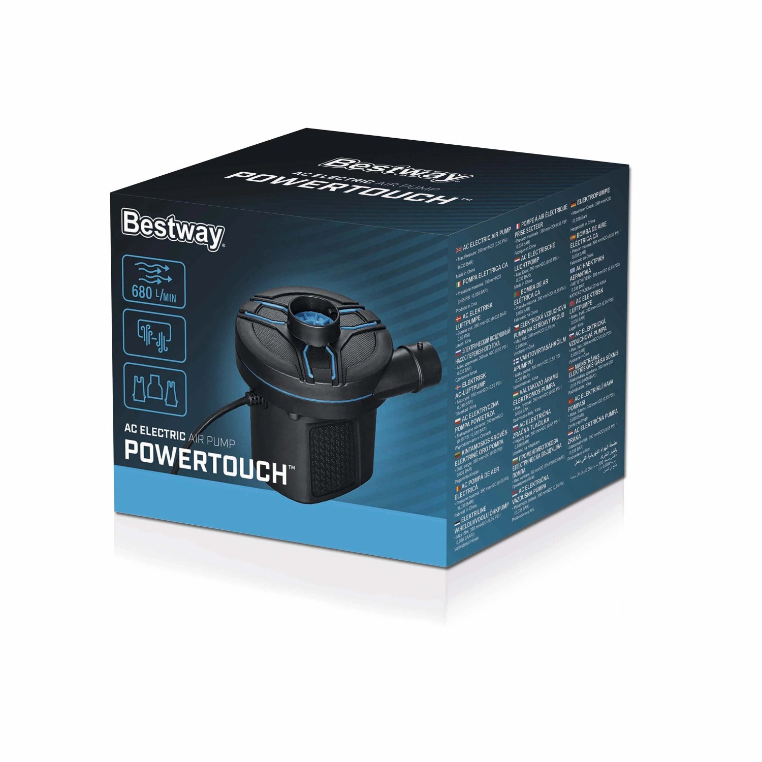 Pompa elettrica Bestway PowerTouch 220-240V nella scatola, ideale per gonfiare materassini e piscine.
