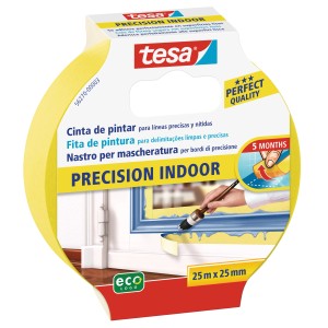 Tesa Precision Indoor nastro adesivo per mascheratura, giallo, 25m x 25mm, per bordi di pittura interni precisi.