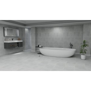 Bagno moderno con pavimenti vinilici grigi e vasca da bagno freestanding.