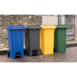 Pattumiere t.b.t. multicolore (blu, grigio, giallo, verde) per la raccolta differenziata.