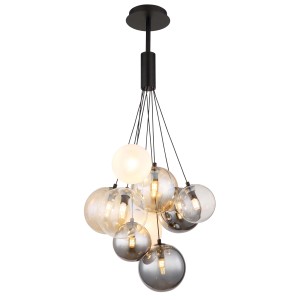 Lampada a sospensione moderna t.b.t. con diverse sfere di vetro in grigio e bianco. Ideale per illuminare il soggiorno.